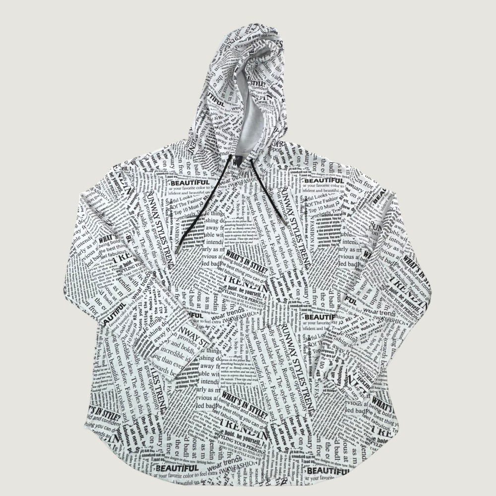 K. Jordan Fashion Newspaper Print Hoodie White Black Long Sleeve Size L